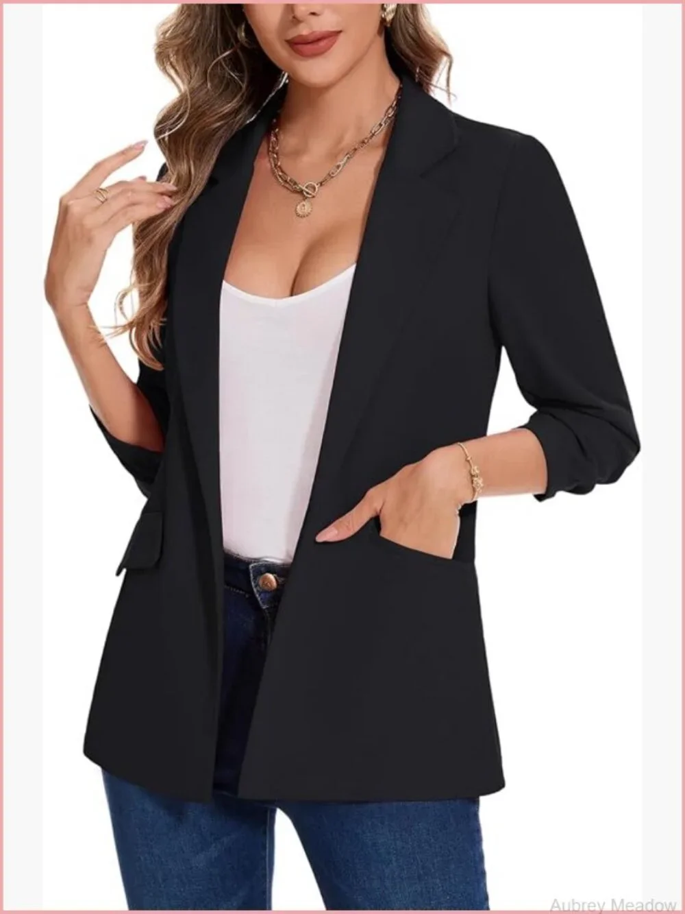 3/4 Ruched Sleeve Blazer Notch Lapel Open Front Jacket with Pockets